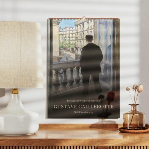 Man in black suit standing on balcony overlooking Parisian architecture, Wall Calendar 2025 with typography.