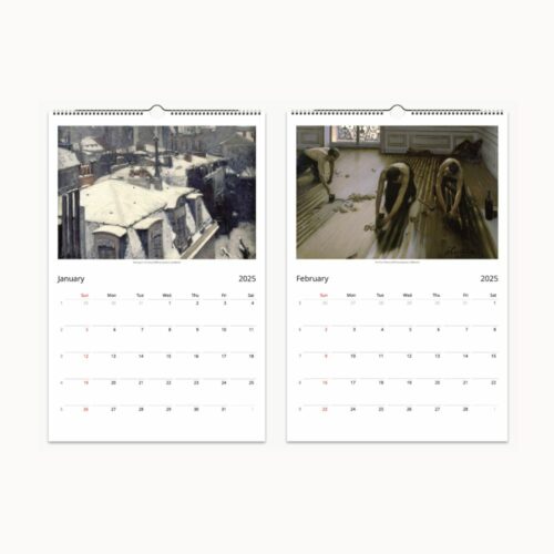 Snow-covered rooftops in January, wood floor scraping in February, dates below artworks in calendar format.