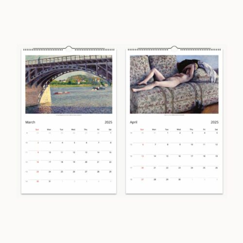 Bridge over river in March, woman resting on a sofa in April, each with a calendar grid.