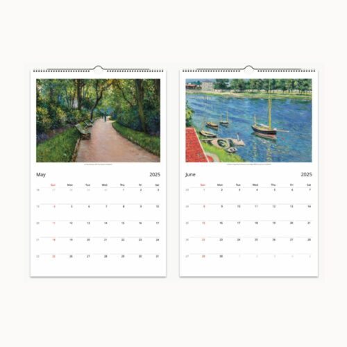 Path through a green park in May, boats on blue water in June, each accompanied by calendar days.