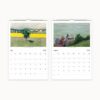Yellow fields with aqueduct in July, medieval houses in green landscape for August, calendar dates visible.