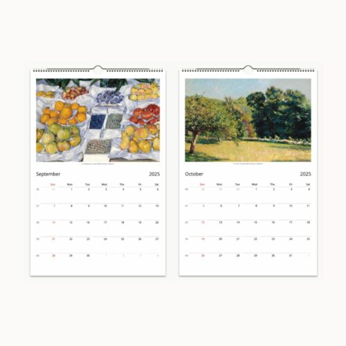 Assorted fruits on display in September, lush garden scene for October, each with a monthly calendar.