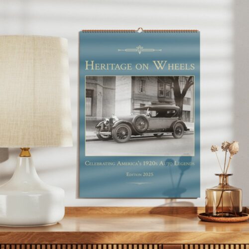 Heritage on Wheels calendar featuring a classic 1920s automobile in front of a vintage building