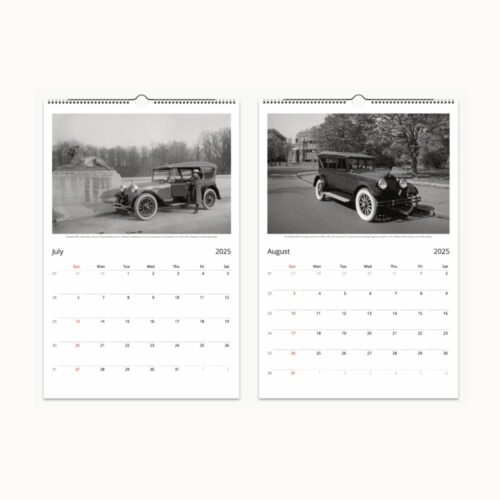 July and August pages show pristine vintage cars from 1920s America in Heritage on Wheels calendar