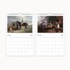 Calendar pages showing January with a horse gathering scene and February with an equestrian social event in the woods