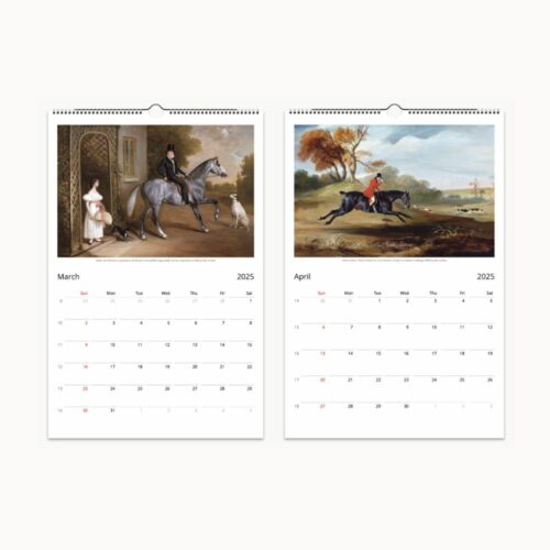 Calendar pages for March with a lady and horse at a mansion and April featuring an action-packed fox hunt
