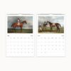 May calendar showcasing a solitary rider and June depicting caretakers with a horse in a tranquil pasture
