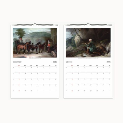 September illustrates horses at a stable and October captures a reflective moment with man and dogs in a cave
