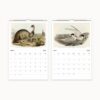 Open wall calendar for March and April featuring an emu with chicks and two tern-like birds in flight against a pale sky