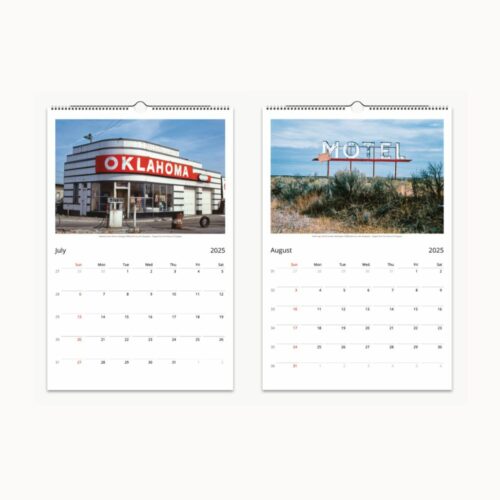 July offers an iconic 'Oklahoma' gas station scene, August captures a deserted 'Motel' sign amidst sandy terrain