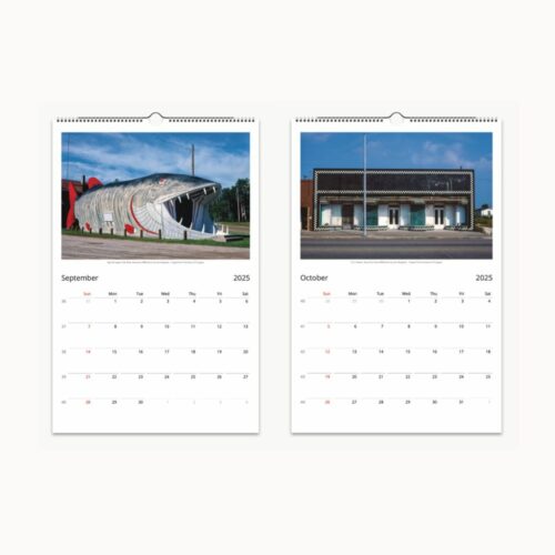 September celebrates a shark-shaped building, October features a pristine 'Museum' facade under clear skies