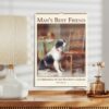 Vintage-style wall calendar with a painting of a seated dog in a room, titled Man's Best Friend, celebrating Carl Reichert's canine art for the year 2025, displayed on a table with lamp and vase.
