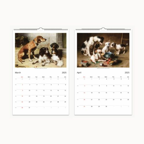 Wall calendar pages for March and April 2025 featuring Carl Reichert's artwork of dogs in domestic settings, with spacious date grids for personal notes.