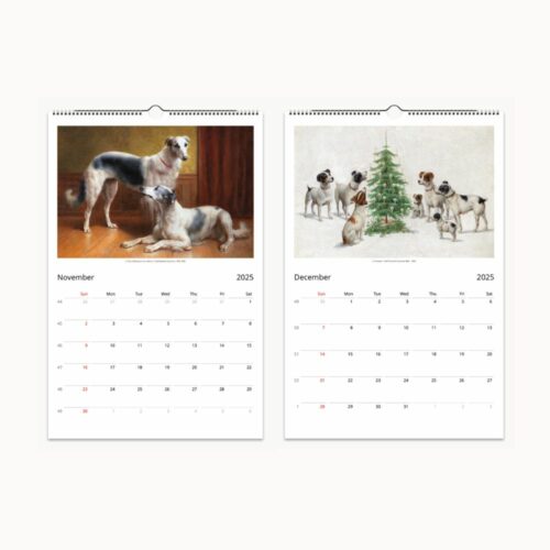 November and December pages of 2025 wall calendar with artwork of dogs by Carl Reichert, perfect for planning and enjoying fine art in the home.