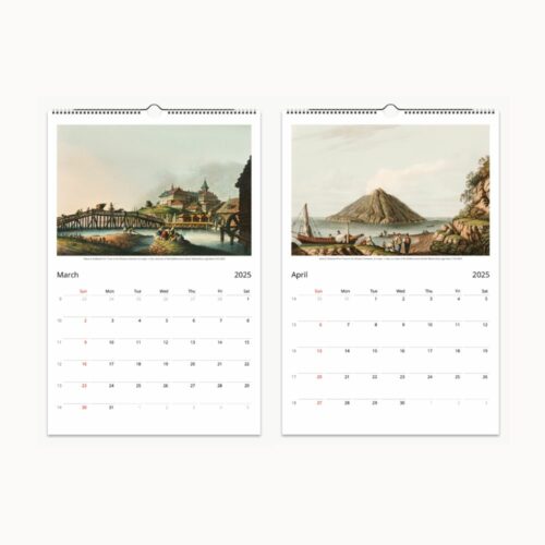 March and April scenes in a 2025 calendar feature an Ottoman castle by a river and a coastal view with moored boats, in Luigi Mayer's signature style.