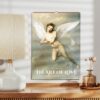 Classic style wall calendar titled The Art of Love, 2025 Edition, depicting Cupid with wings, posed with a bow and arrow, against a clouded backdrop, placed on a wooden desk beside a lamp and dried flowers.