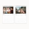 Interior pages of wall calendar for January and February 2025, featuring classic paintings of aristocratic figures and cherubic scenes, with a full monthly grid layout beneath each artwork.