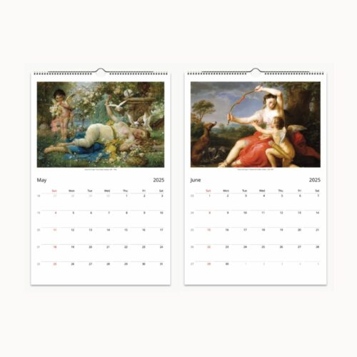 Images for May and June 2025 in The Art of Love calendar, depicting mythological scenes with cherubs and nymphs in a garden setting and a classical depiction of a woman with cherubs, over a simple calendar layout.
