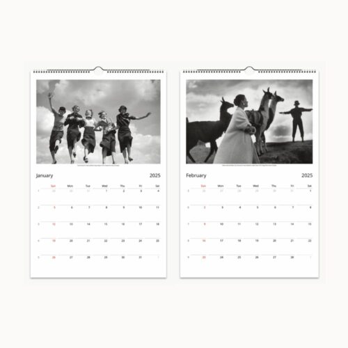 January and February pages of the 2025 Calendar with classic black and white photos capturing dynamic group of women and a serene rural scene, ideal for organizing important dates and events