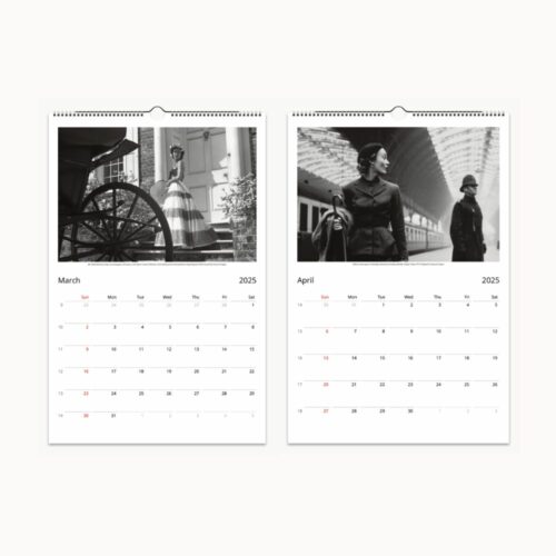March and April spread of the 2025 Wall Calendar showcasing vintage fashion and architectural photography, offering spacious date blocks for daily planning and chic home decor