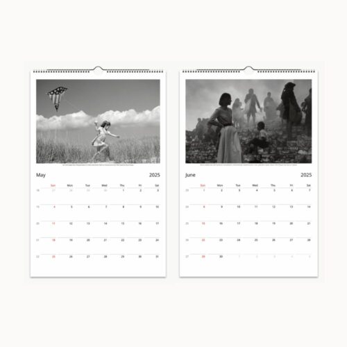 May and June glimpse of the 2025 Calendar with monochrome images of childlike joy and a community gathering, blending historical artistry with everyday scheduling needs