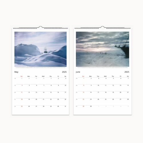 2025 calendar pages for May and June, depicting serene polar landscapes and a shipwreck in the ice.