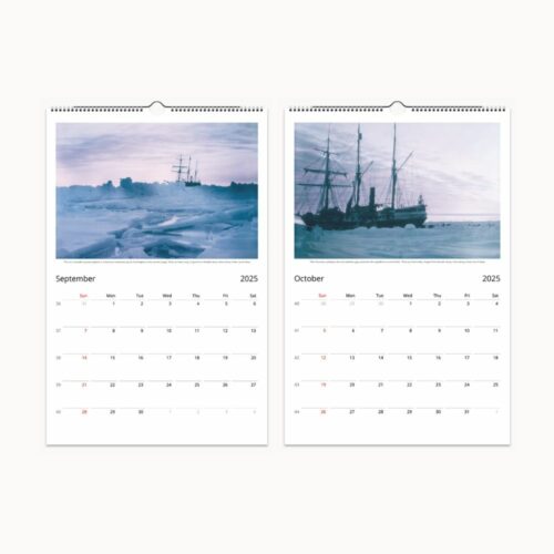 September and October views from a 2025 calendar, presenting historic nautical exploration among icebergs.