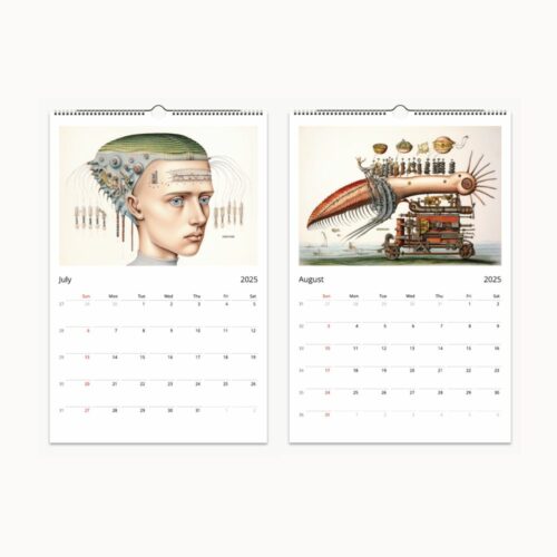 Wall Calendar featuring 'Compendium Serafinitas': Surreal landscapes and creatures fill each month, inviting discovery and wonder, with space for notes and potential for framed art.