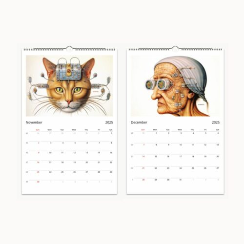Wall Calendar featuring 'Compendium Serafinitas': Surreal landscapes and creatures fill each month, inviting discovery and wonder, with space for notes and potential for framed art.