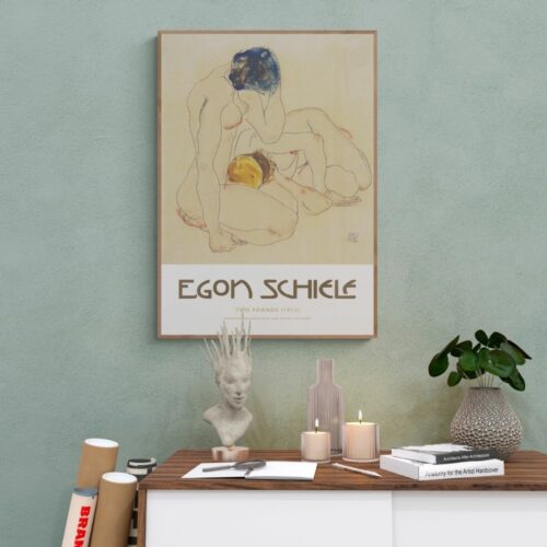 Vintage Egon Schiele Poster featuring 'Two Friends' from 1912 - Displaying Schiele's distinctive expressionist style in gouache, watercolor, and pencil on paper