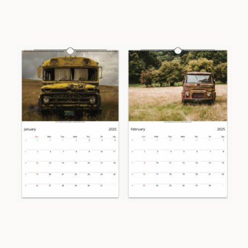 Forgotten Steel 2025 Wall Calendar featuring vintage and retro cars in classic car decay art. Perfect for car enthusiasts and vintage car lovers.