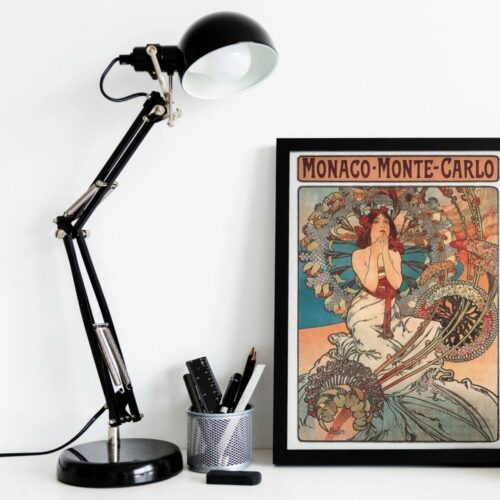 Mucha's Monaco-Monte Carlo poster with a woman in red, surrounded by intricate floral designs and birds, epitomizing luxury travel.