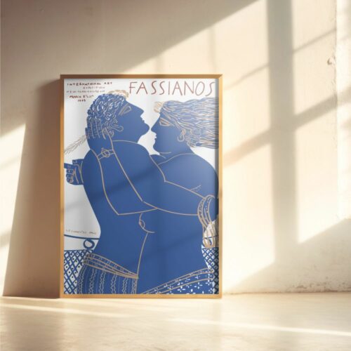 Reprint of Alekos Fassianos exhibition poster featuring a signature artwork with bold lines and vibrant colors, capturing Greek mythological and folkloric elements in a contemporary style.