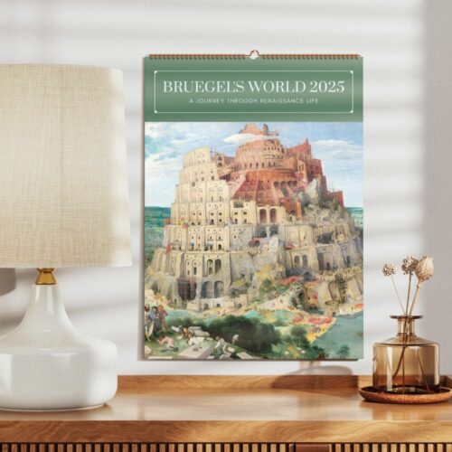 Bruegels World 2025 calendar cover with Tower of Babel painting on a wall next to a lamp.