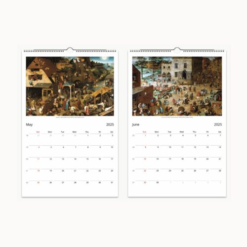 May and June 2025 calendar pages featuring Pieter Bruegels village festival scenes.
