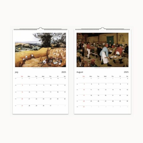 July and August 2025 calendar pages featuring Pieter Bruegels harvest and feast scenes.