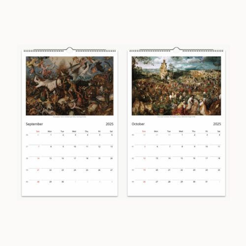 September and October 2025 calendar pages featuring Pieter Bruegels battle and festival scenes.
