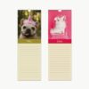 Two pages of a dog birthday calendar featuring May and June. May shows a French bulldog with a pink party hat, looking happy. June features a fluffy white dog with a birthday hat sitting on a pink background.