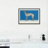 Artistic woodcut print by Moriz Jung featuring a detailed depiction of a slender greyhound dog standing in profile, set against a vibrant blue background with subtle white markings resembling a snowy ground.