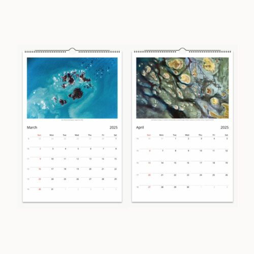 March page with a crystal blue ocean and island view from space, and Aprils textured, colorful depiction of Earths geological features.