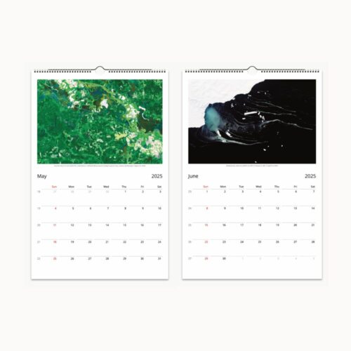 Lush green landscapes for May and stark black and white ice flows for June, showcasing the Earths diverse environment.