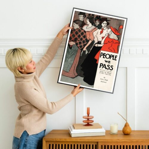 Edward Penfield Art Nouveau poster featuring stylish 1900s New York City residents in vibrant red and black, titled People We Pass; for unique vintage wall art decor.