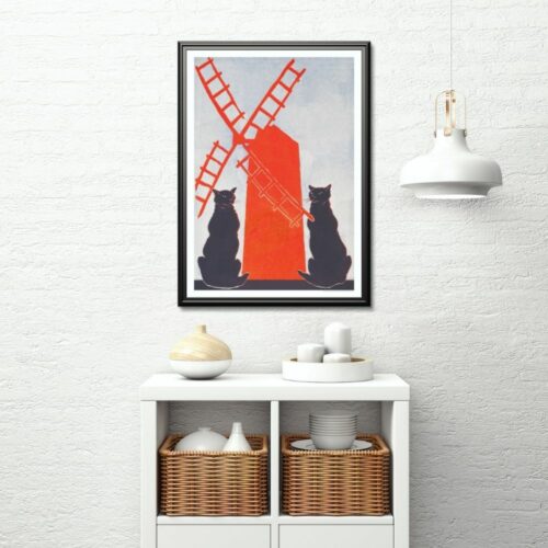 Vintage-inspired Art Nouveau poster featuring stylized black cats and red windmill silhouette against a blue background, ideal for eclectic home decor and art collectors