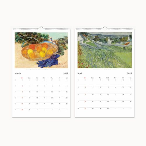 Vincent van Gogh 2025 Wall Calendar featuring 'Starry Night' and sunflower paintings, ideal for art lovers and home decor.