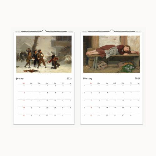 Wall calendar open to show January and February 2025 with images of children playing in snow and a girl resting on a wooden bench