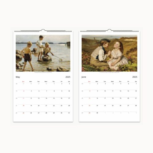 May and June 2025 depicted in calendar with a scene of boys by a river and two children in a pastoral conversation