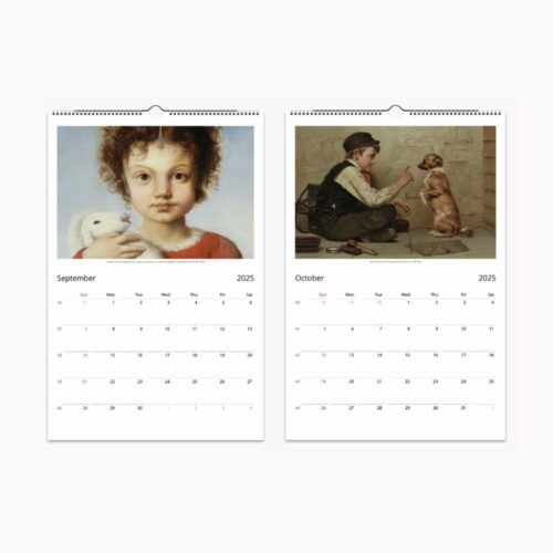 Calendar pages for September and October 2025 with portraits of a child with a white rabbit and a boy teaching a dog tricks
