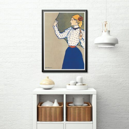 Edward Penfield vintage art print of a stylish woman in a blue skirt and polka-dot blouse holding a green umbrella, perfect for chic home decor.
