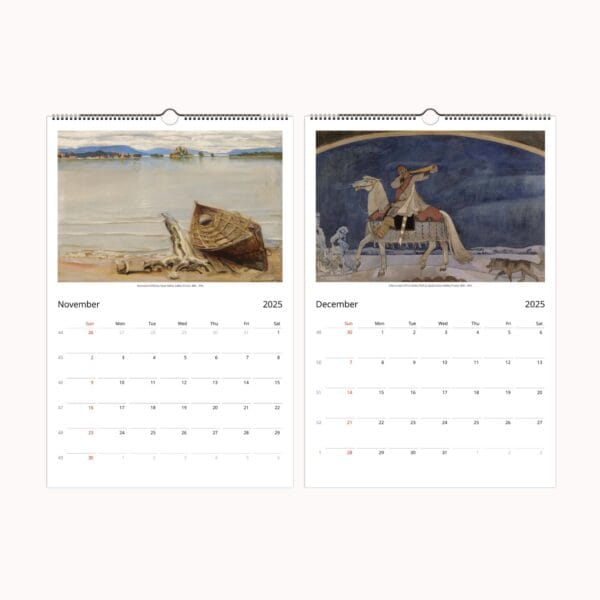 Akseli Gallen-Kallela wall calendar featuring Finnish Symbolism, National Romanticism, and Nordic mythology. This premium-quality art calendar showcases 12 stunning artworks inspired by the Kalevala and Finnish folklore, perfect for Scandinavian art lovers and collectors.