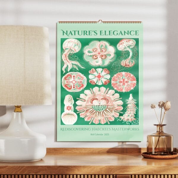 Ernst Haeckel wall calendar with botanical and scientific art from 'Art Forms of Nature.' Features vintage marine life, flora, and fauna illustrations. Perfect for home decor, office planning, or as a unique gift.